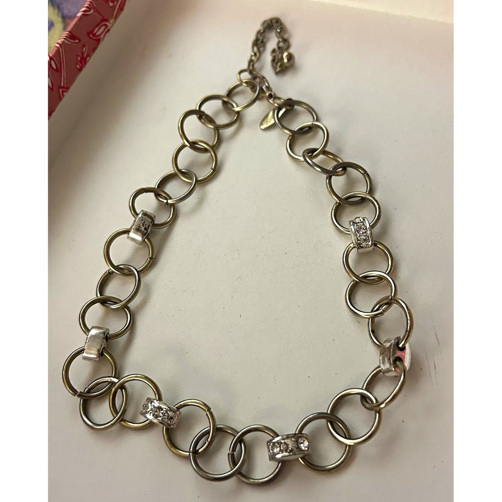 George Silver Tone Link Chain Necklace Clear Round Crystal Prong Signed Adj